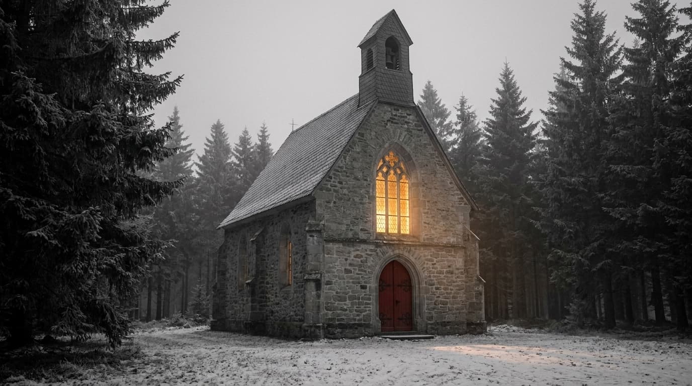 Die ehemalige Kapelle im verschneiten Harzwald mit rotem Portal