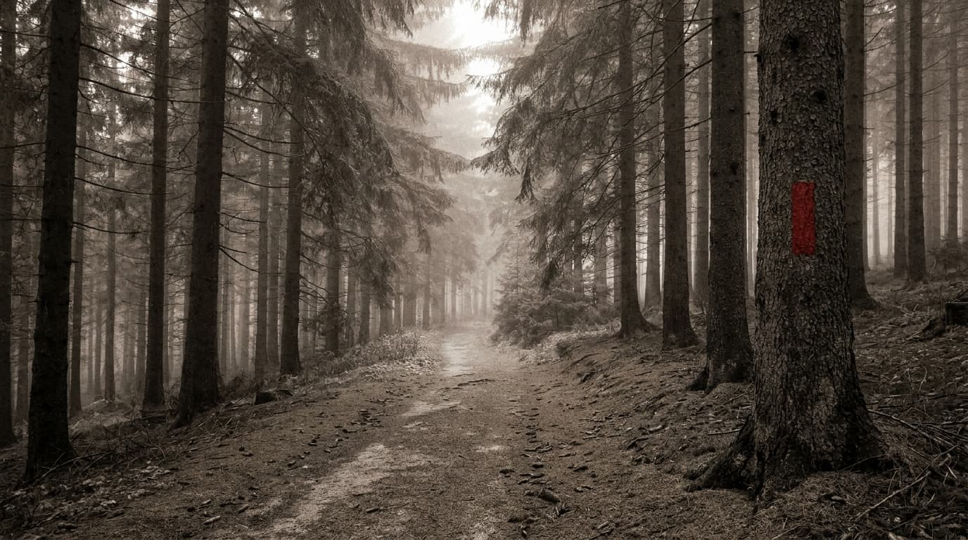 Wanderweg durch den Fichtenwald im Harz mit rotem Wegzeichen