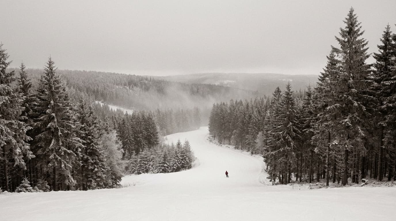 Verschneite Skipiste und Fichtenwald im Harz