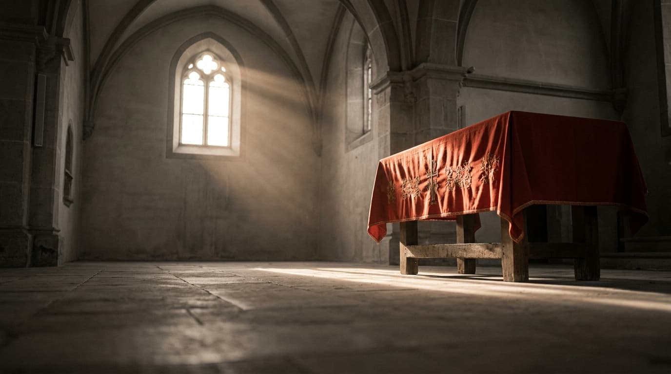 Innenraum der ehemaligen Kapelle im Oberharz mit warmem Lichteinfall und rotem Altartuch