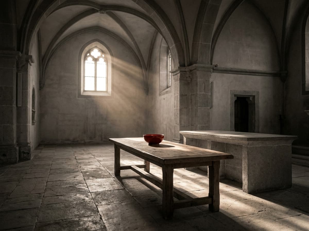 Küche und langer Tisch, wo einst der Altar stand