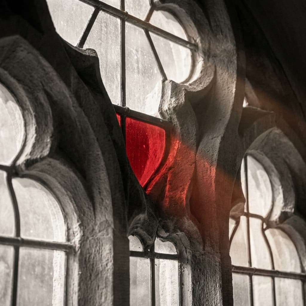 Detail des Kirchenfensters mit rotem Glas